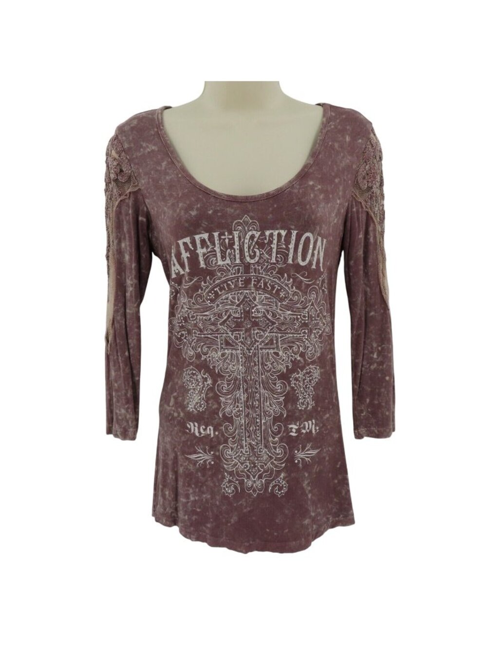 Affliction Women Small Live Fast Cross Rhinestone Lace Long Sleeve Shirt Top Y2K